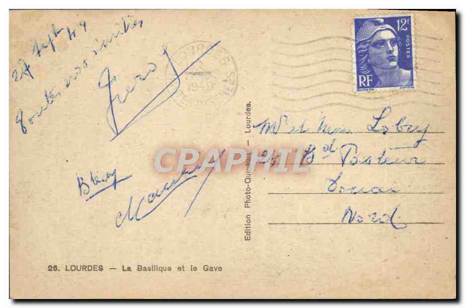 CPA Lourdes La Basilique et le Gave — Verso