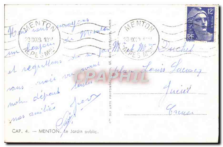 CPA Menton Le Jardin Bublic — Verso