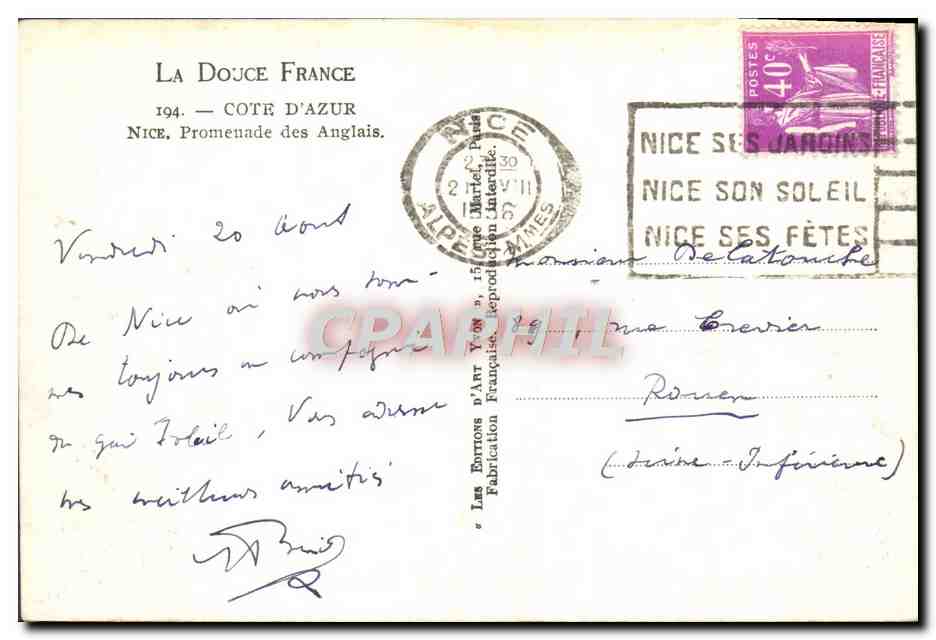 CPA Nice Promenade des Anglais — Verso