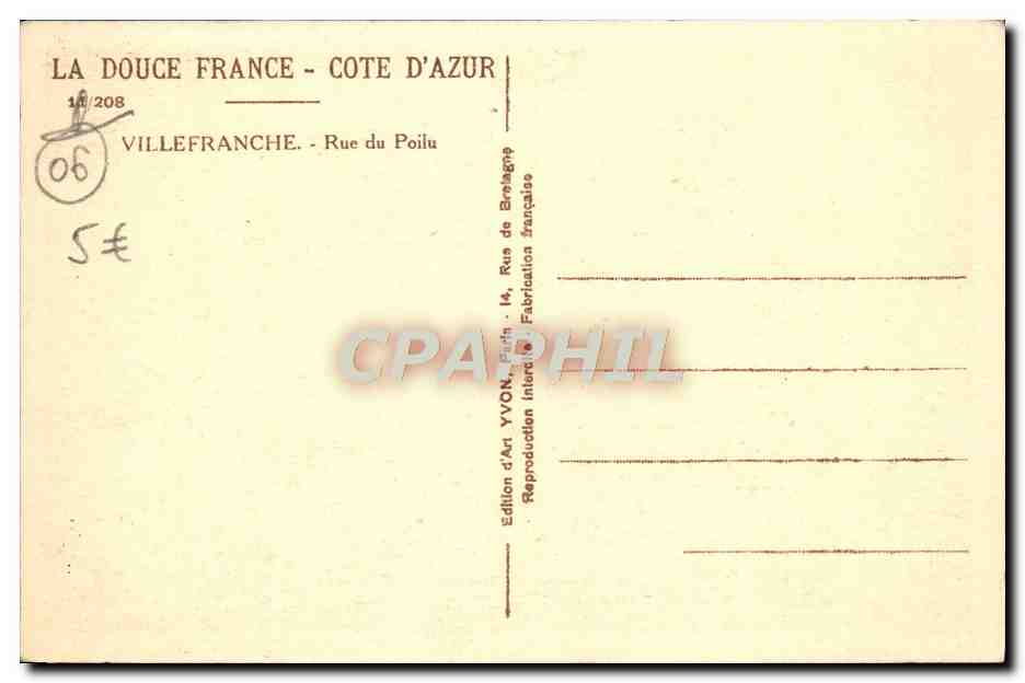 Villefranche-sur-Mer — Rue du Poilu — Édition d'Art Yvon — Verso