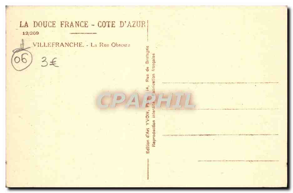 Villefranche-sur-Mer — La Rue Obietre — Édition Yvon — Rückseite