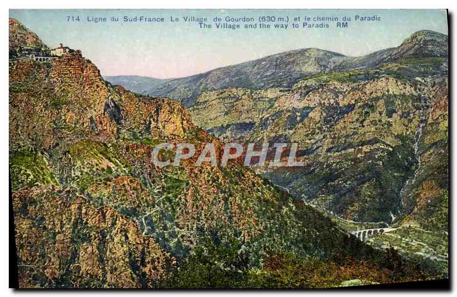 Le Village de Gourdon (630 m.) et le chemin du Paradis — Ligne du Sud-France — Éditeur R. Marceau, Nice