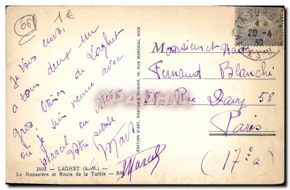 CPA Laghet Le Monastere Et Route De La Turbie — Verso