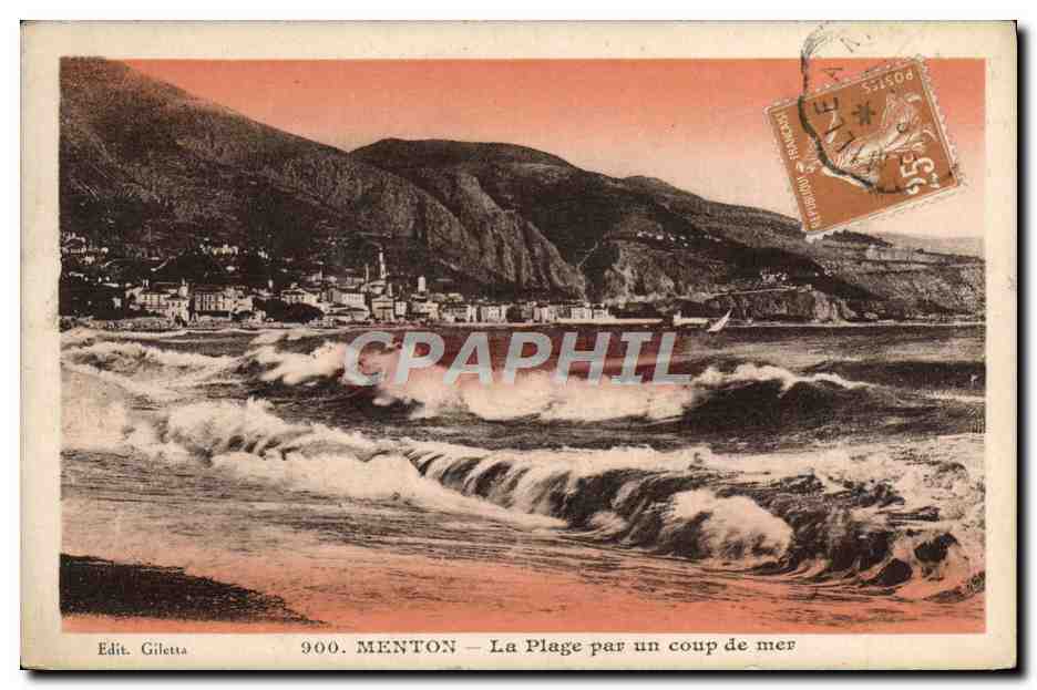 CPA Menton La Plage Par Un Coup De Mer