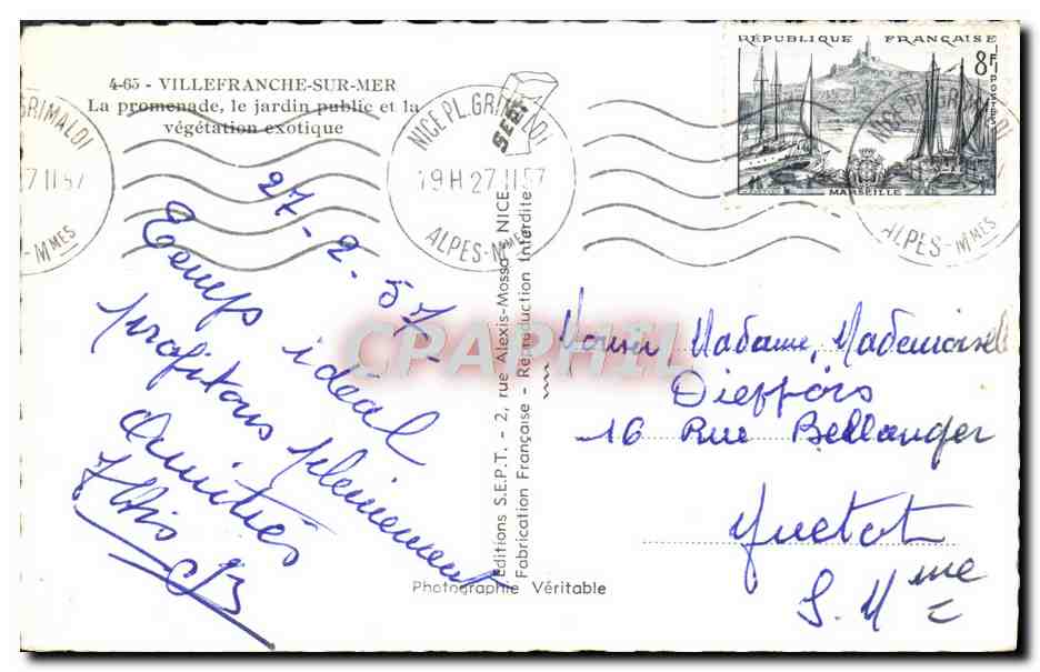 Villefranche-sur-Mer — La promenade, le jardin public et la végétation exotique — Éditions S.E.P.T. - Fabrication Véritable — Verso