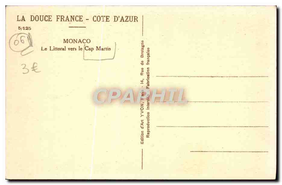 CPA Monaco Le Littoral Vers Le CAp Martin — Rückseite