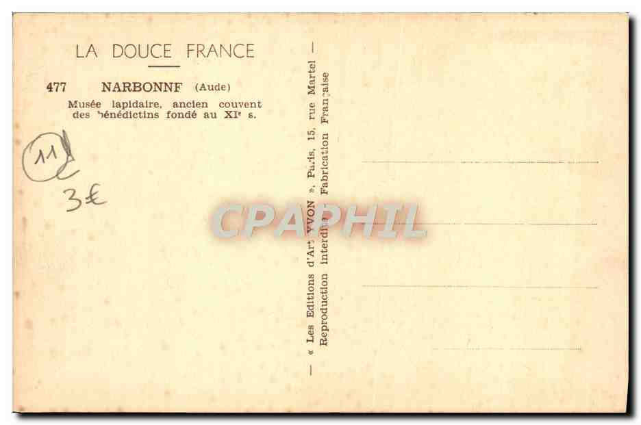 Narbonne (Aude) — Musée lapidaire, ancien couvent des bénédictins fondé au XIe s. — Les Éditions d'Art Yvon, Paris — Reverso