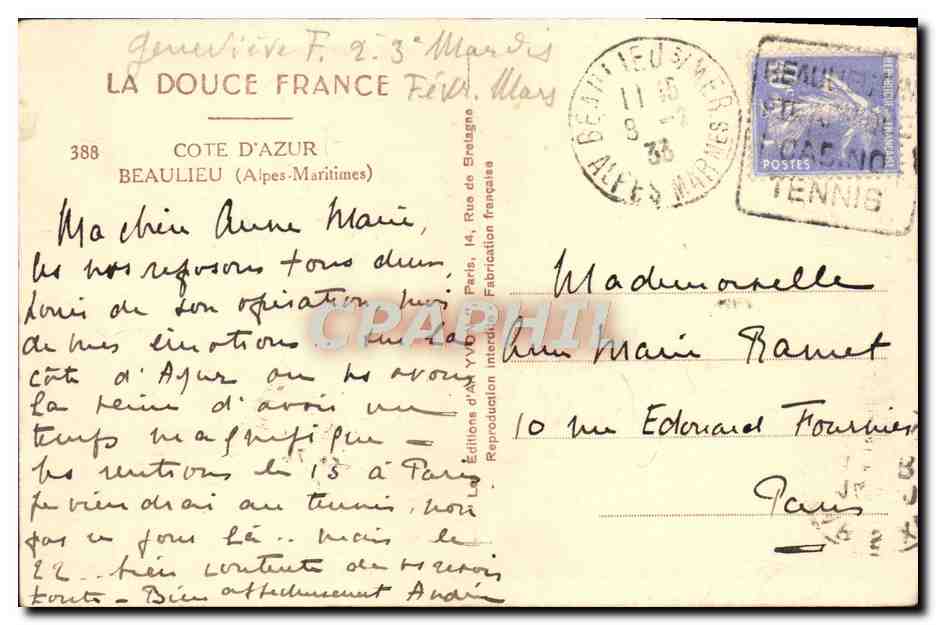 CPA Cote D'Azur Beaulieu — Rückseite