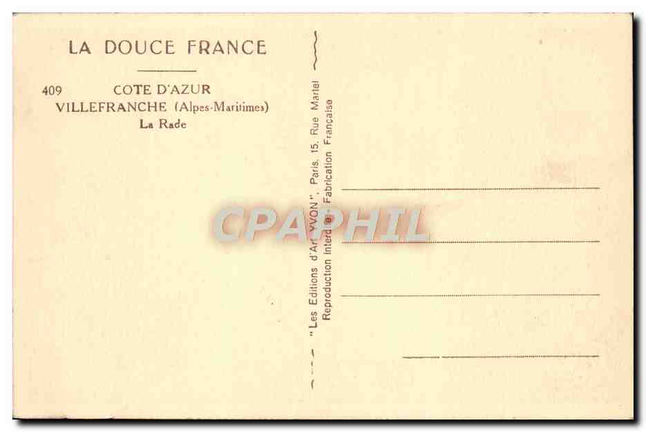 La Rade — Villefranche-sur-Mer — Éditions d'Art YVON — Rückseite