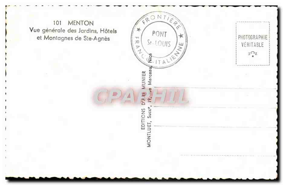 CPM Menton Vue Generale Des Jardins Hotels et montagnes de Ste Agnes — Rückseite