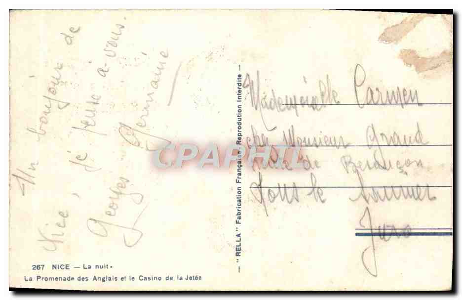 CPM Nice La Nuit La Promenade Des Anglais Et Le Casino De La Jetee — Rückseite