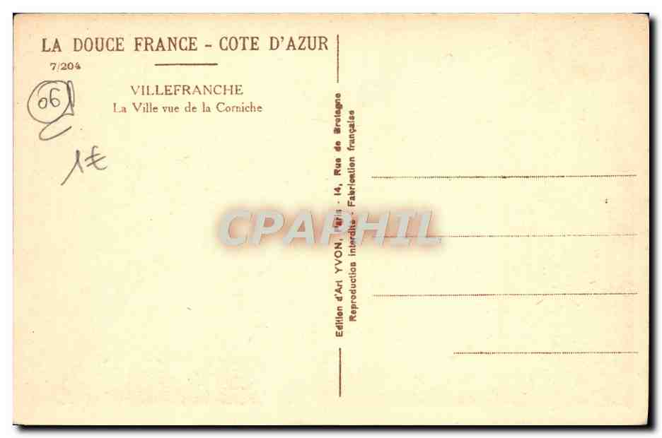 Villefranche - Vue de la Corniche — Édition d'Art Yvon, Côte d'Azur — Verso