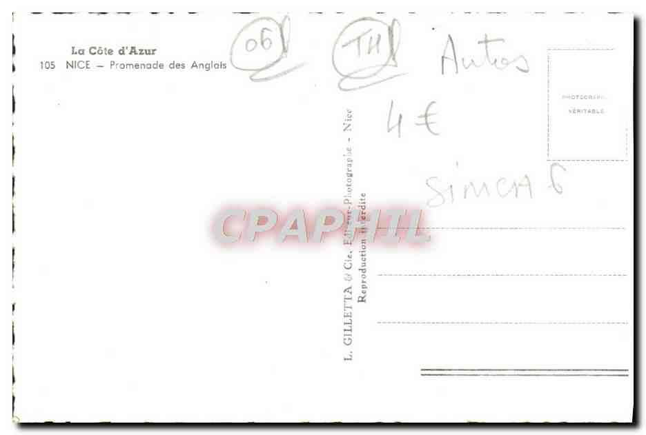 CPM Nice Promenade des Anglais — Verso