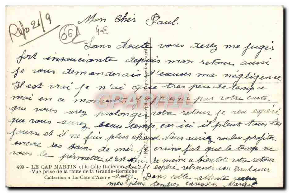 CPA Cap Martin Vue prise de la route de la Grande Corniche  — Rückseite