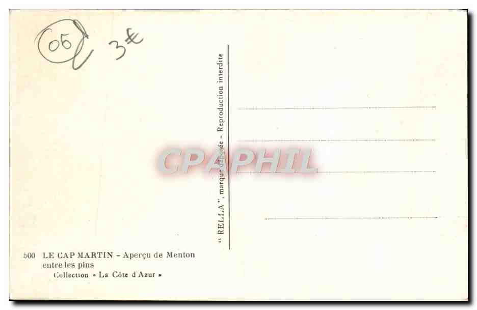 CPA Cap Martin Apercu de Menton entre les pins — Rückseite