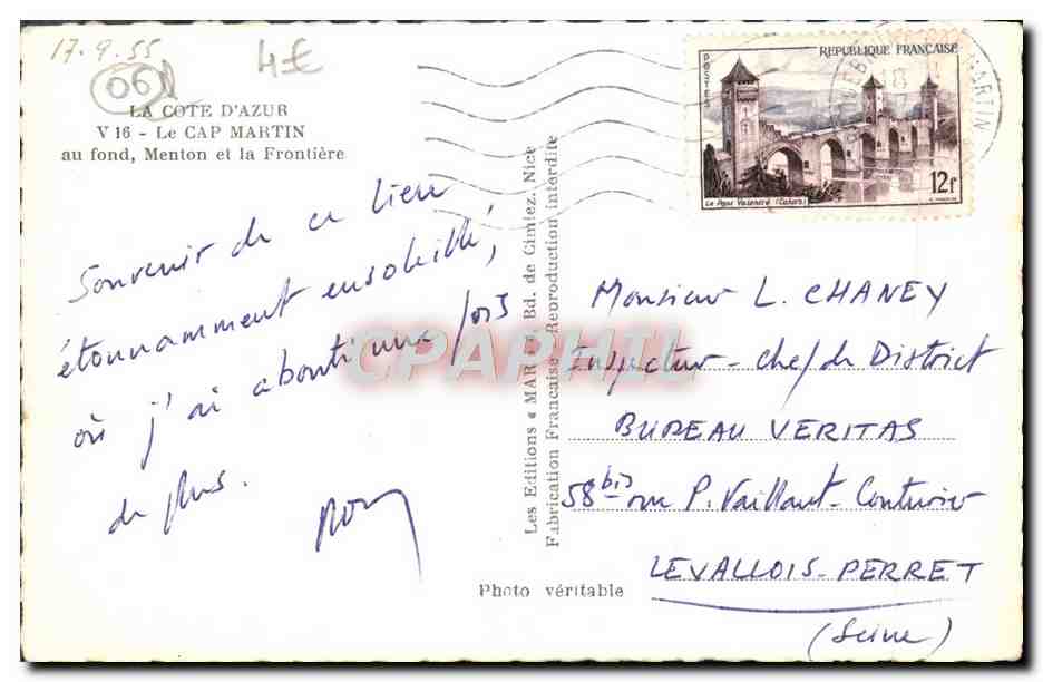CPM Le Cap Martin Au Fond Menton et la Frontiere — Rückseite