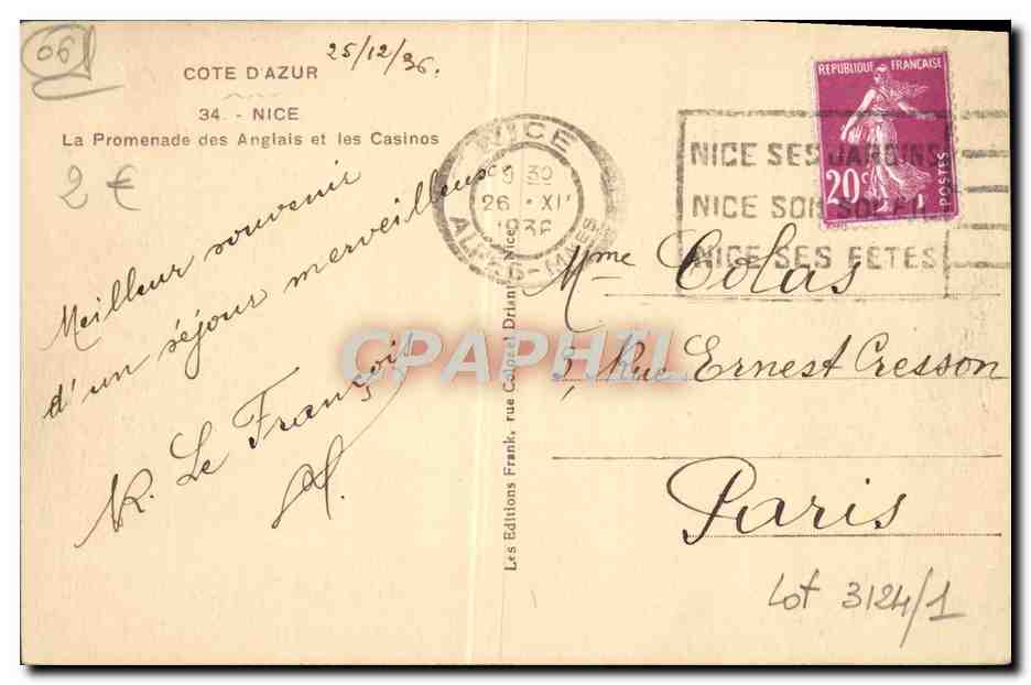 CPA Nice La Promenade des Anglais et les Casinos — Rückseite