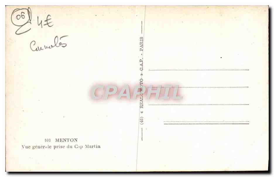 CPA Menton Vue Generale Prise du Cap Martin — Rückseite