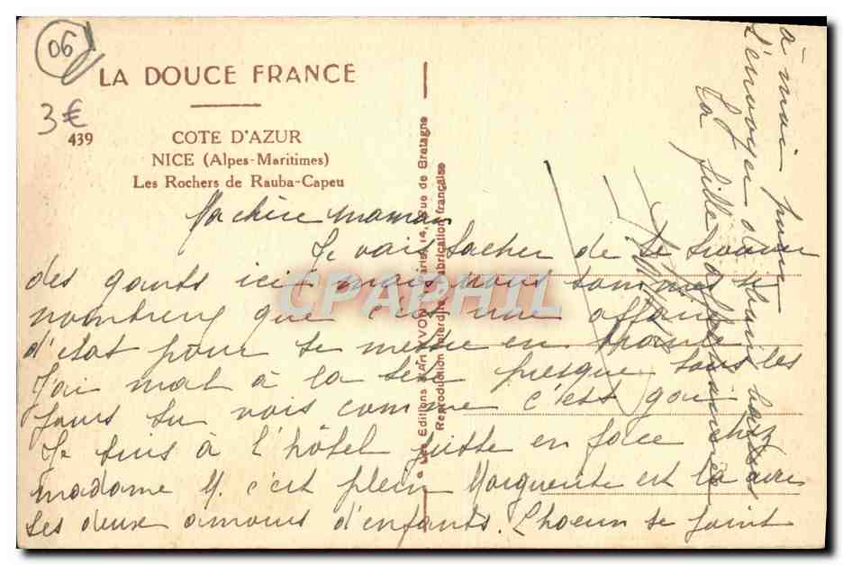 CPA Nice Les Rochers de Rauba Capeu — Rückseite