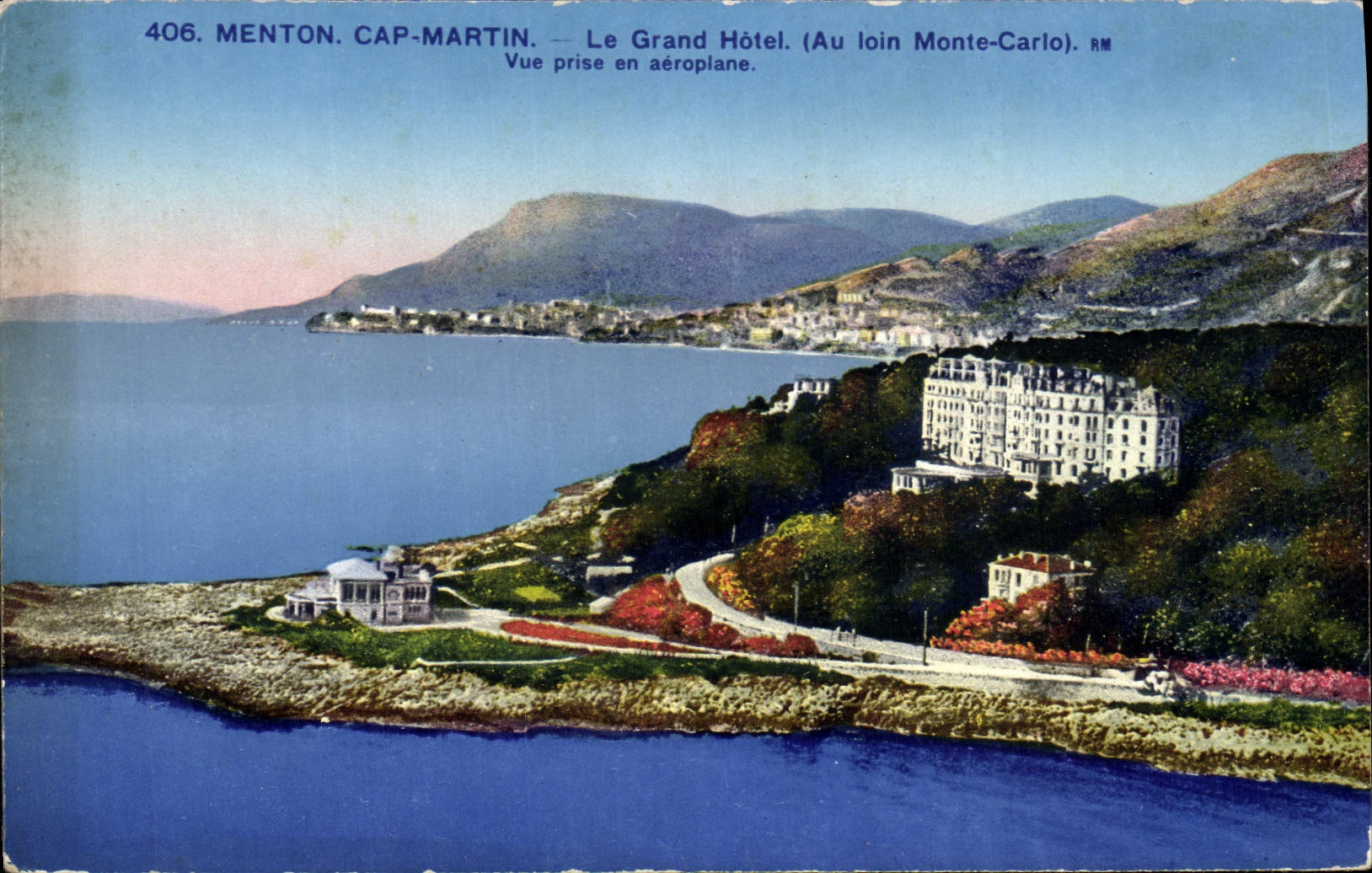 CPA Menton Cap Martin Le Grand Hotel Au loin monte Carlo Monaco 