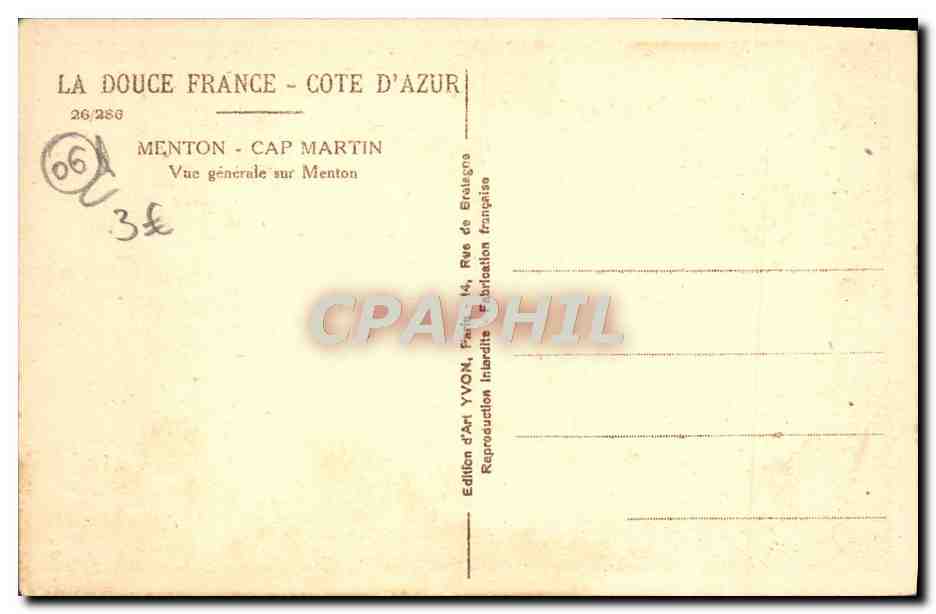 CPA Menton Cap Martin Vue generale sur Menton — Verso