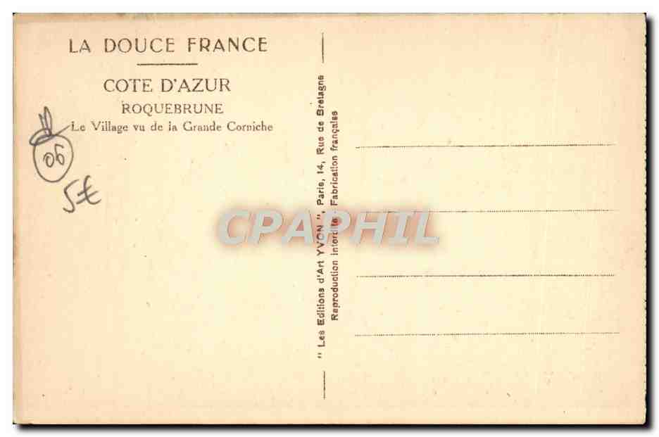 CPA Roquebrune Le village vu de la grande Corniche — Rückseite