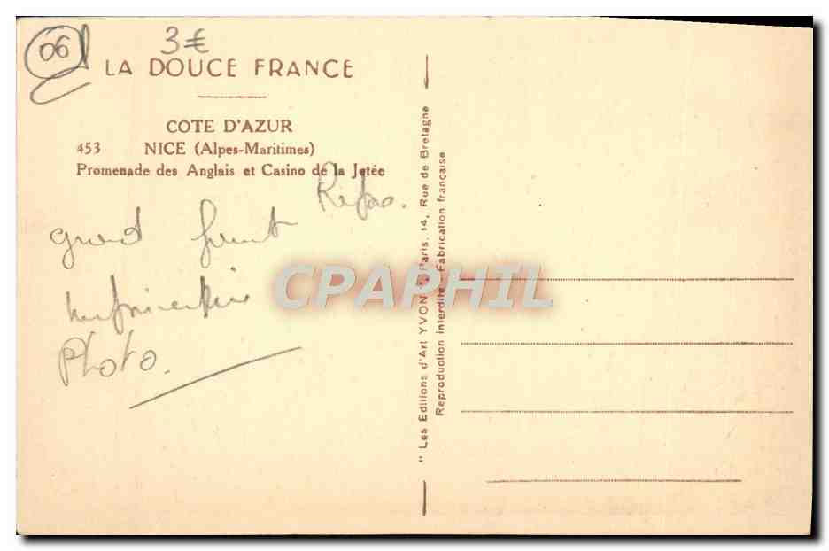 CPA Nice Promenade des Anglais et casino de la jetee — Verso