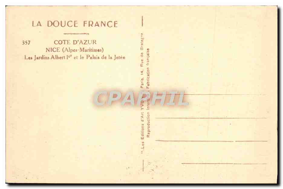 CPA Nice Les jardins Albert 1er et le palais de la jetee — Rückseite