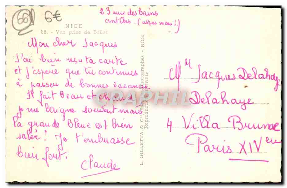CPA Nice Vue Place de Bellet — Verso