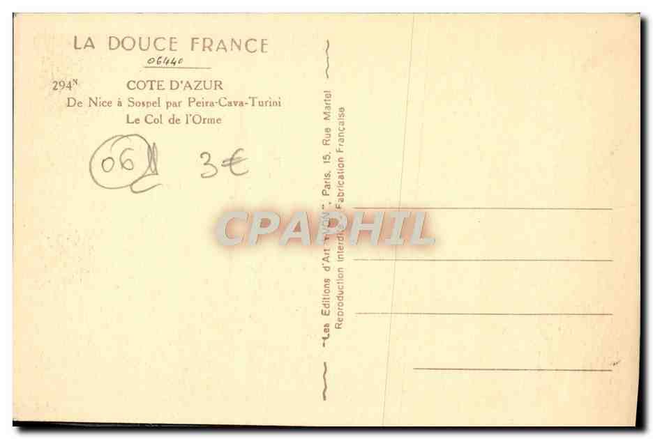 CPA De Nice a Sospel par Peira Cava Turini le col de l'Orme — Rückseite