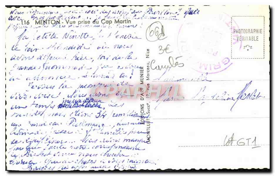 CPA Menton Vue Prise du Cap Martin — Verso