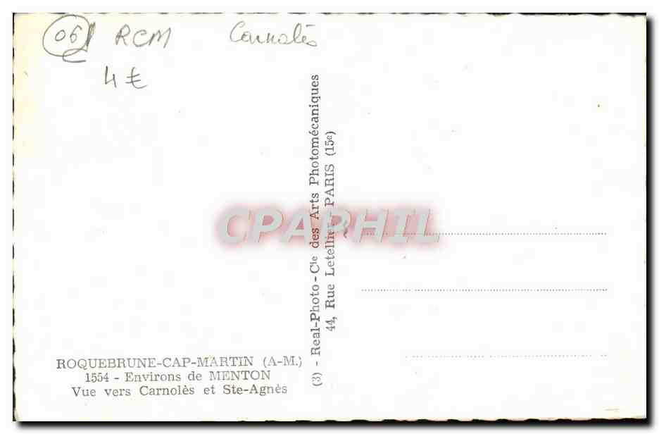 CPM Roquebrune Cap Martin Environs de Menton Vue vers Carnoles et Ste Agnes — Rückseite