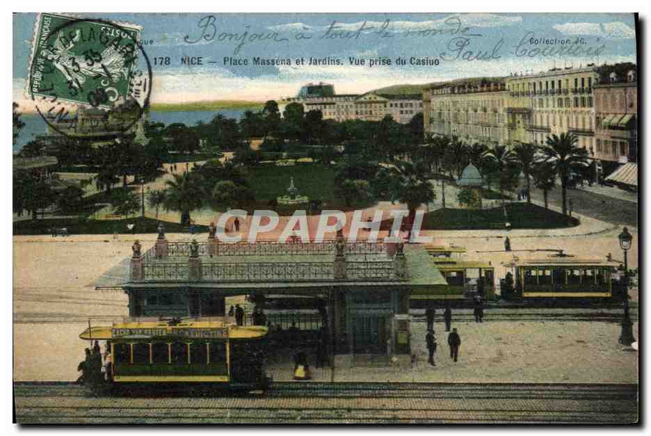 CPA Nice Place Massena et Jardins Vue Prise du Casino Tramway