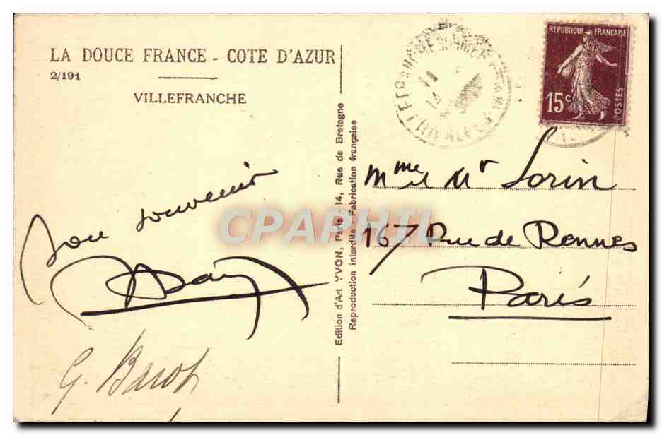 CPA La Douce France Cote D'Azur Villefranche — Rückseite