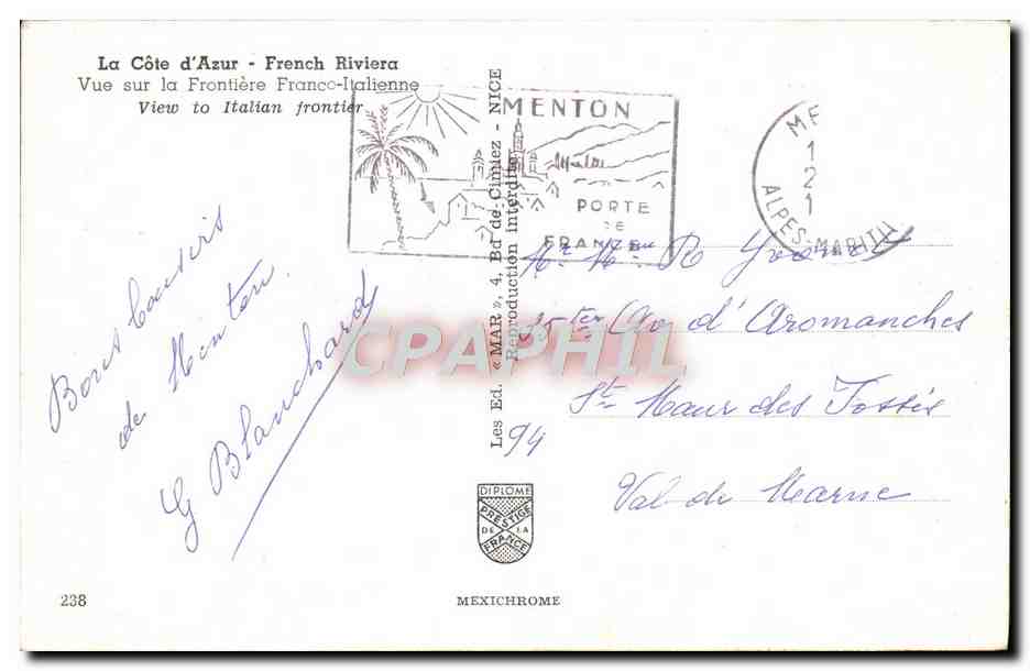 CPA La Cote D'Azur French Riviera Vue sur la frontiere Franco italienne — Rückseite