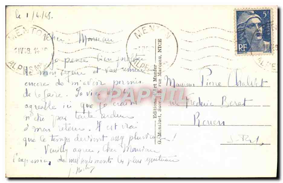 CPA Menton L'Annonciade Et Le Cap Martin — Rückseite