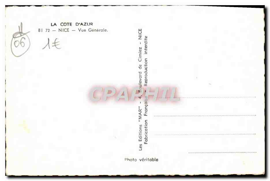 CPM Nice Vue Generale — Verso