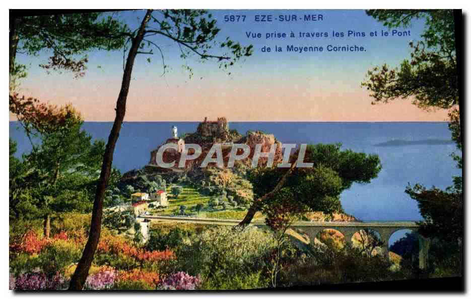Eze-sur-Mer — Vue prise à travers les Pins et le Pont de la Moyenne Corniche — CPAPHIL n°5877