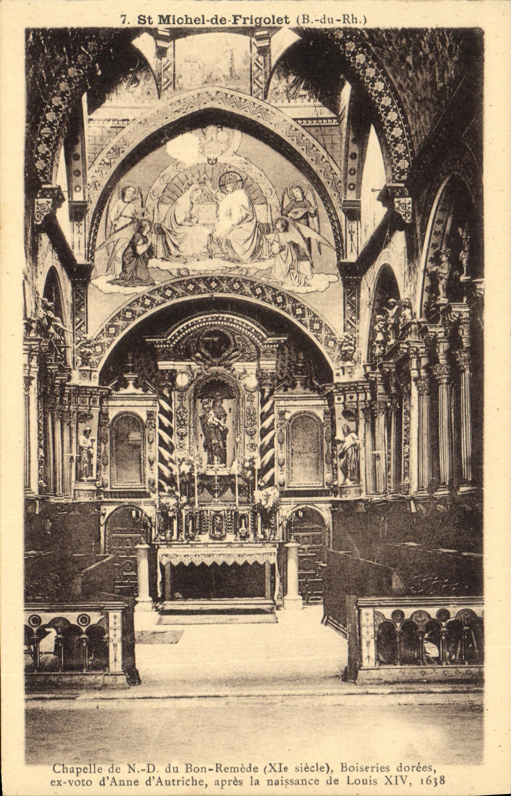 Chapelle de N.-D. du Bon-Remède à St Michel-de-Frigiolet (B.-du-Rh.) — ex-voto d'Anne d'Autriche, boiseries dorées, après la naissance de Louis XIV, 1638 — Édition Art du Pèlerinage