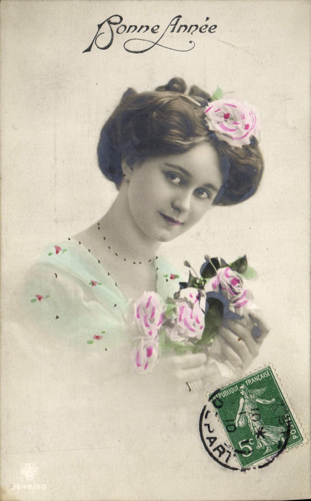 Jeune femme avec roses — Bonne Année — Carte postale n° 1649/60