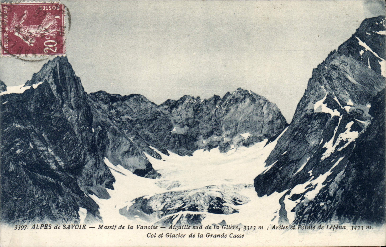 Alpes de Savoie — Massif de la Vanoise — Aiguille sud de la Glière, 3313 m ; Arêtes et Pointe de Lépèna, 3433 m. Col et Glacier de la Grande Cassse