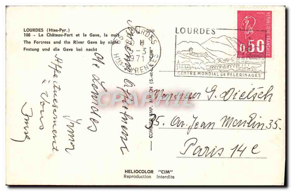 CPA Lourdes Le Chateau Fort et le Gave — Verso