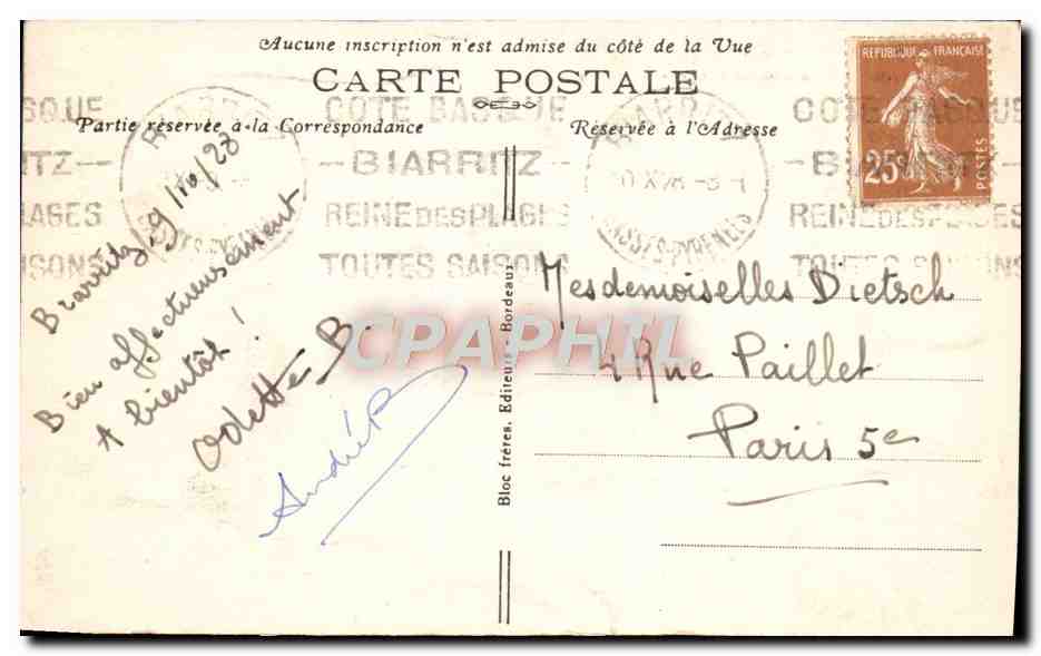 CPA Biarritz Vue Generale de la Grande Plage — Rückseite