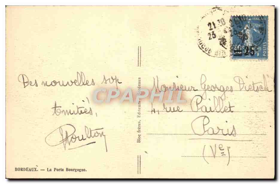 CPA Bordeaux La Porte Bourgogne — Rückseite