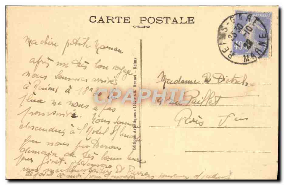 Reims — La Cathédrale bombardée (versant Nord) — Éditions Artéfactiques (Ouv. Th. Branel) — Rückseite
