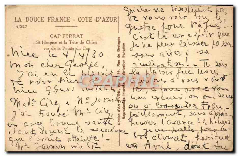 CPA Cap Ferrat St Hospice et la Tete de Chien vus de la pointe du Cap — Rückseite
