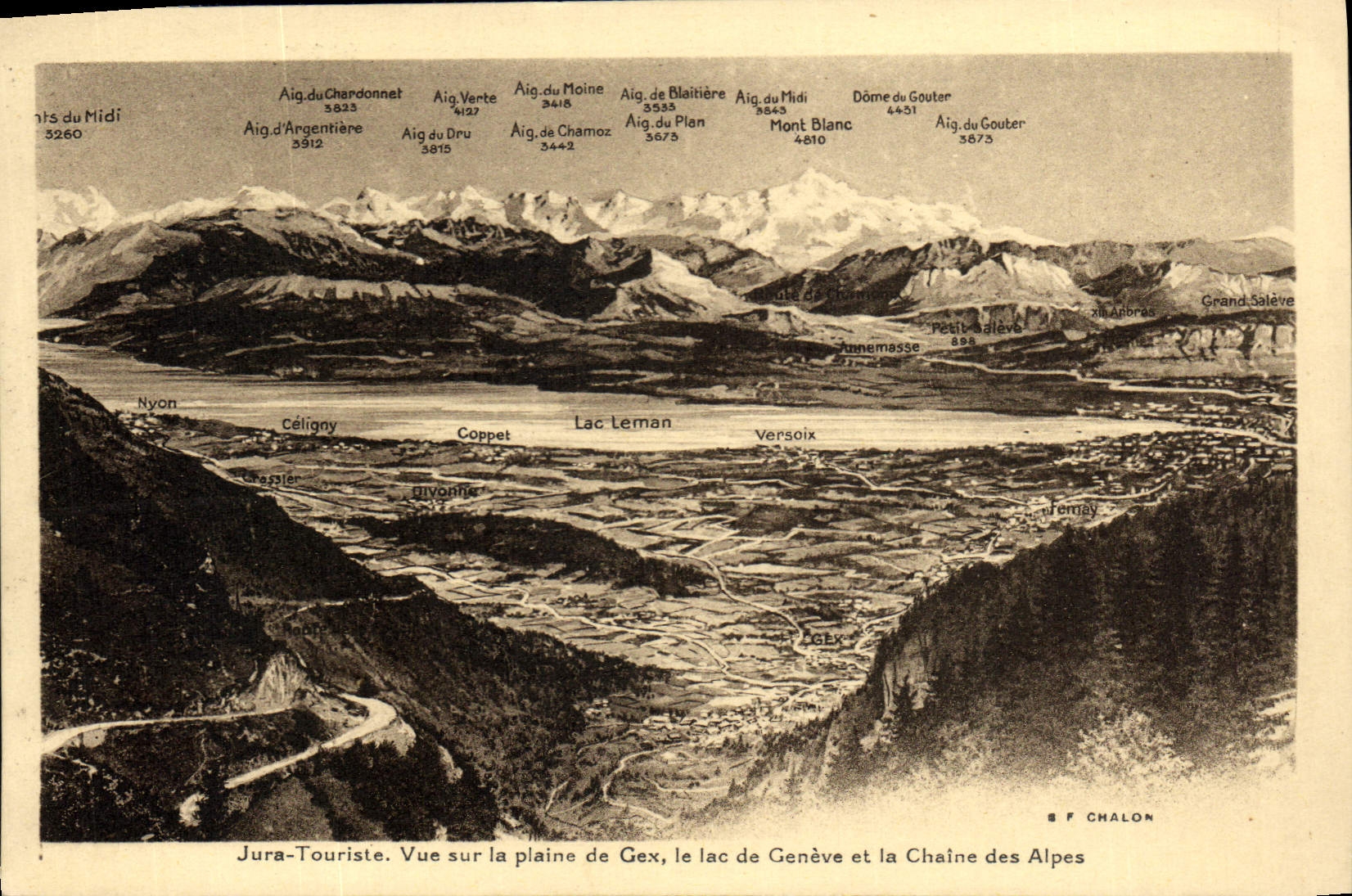 Vue sur la plaine de Gex, le lac de Genève et la Chaîne des Alpes — Jura-Touriste — S.F. CHALON