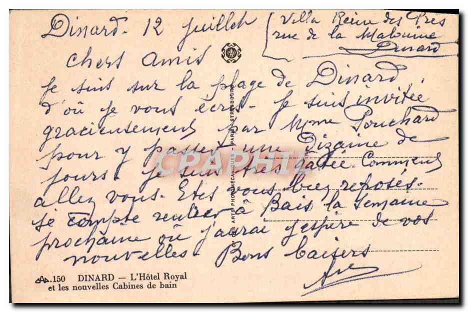 CPA Dinard L'Hotel Royal Et Les Nouvelles Cabines De Bain — Verso