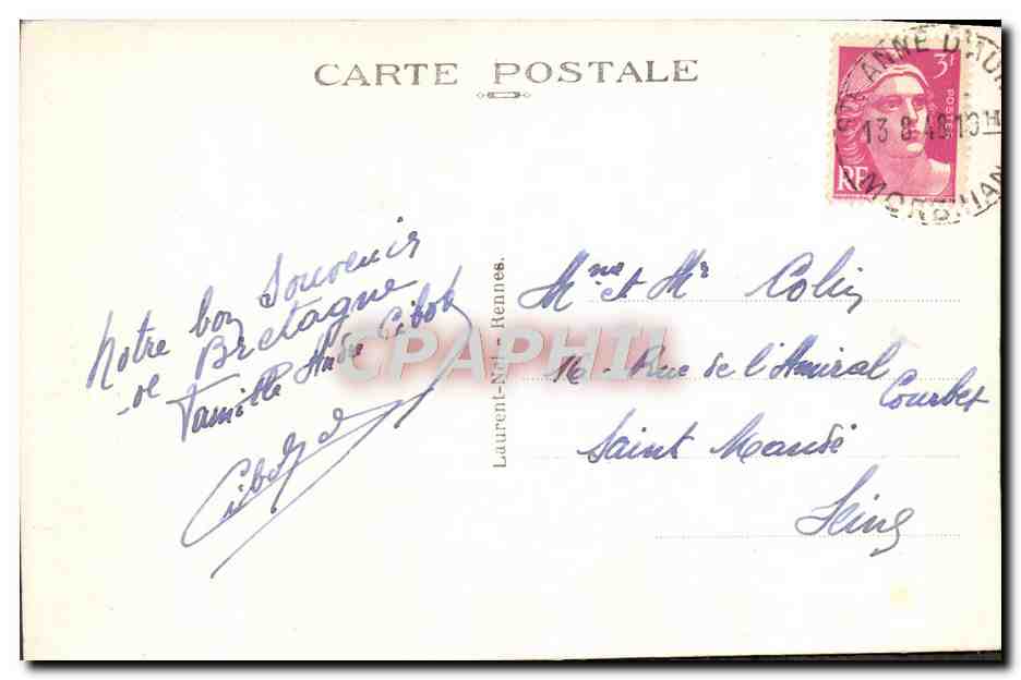 Saint-Pierre-Quiberon — Port-Blanc — Roche Percée et Pointe de l’Observatoire — éditeur Laurent-Né, n° 3629 bis — Rückseite