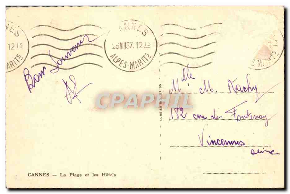 CPA Cannes La Plage Et Les Hotels — Verso